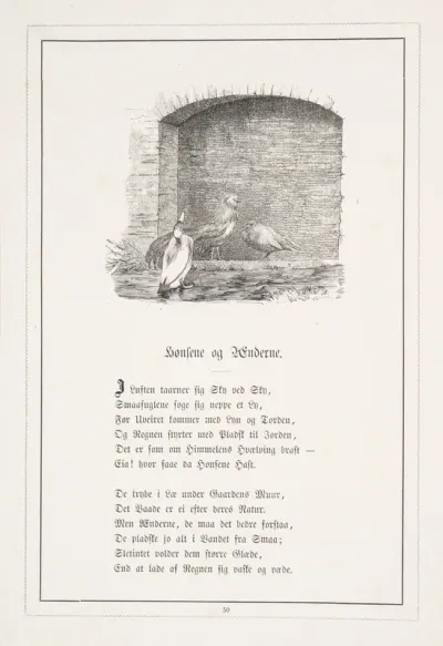 Hønsene og Ænderne. Illustration til H.V. Kaalund, "Fabler for Børn"