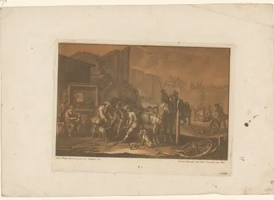 Hoefsmid aan het werk bij een ruïne
