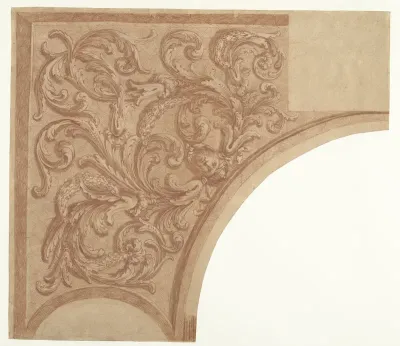 Hoekstuk van een plafond met acanthusbladeren en guirlandes