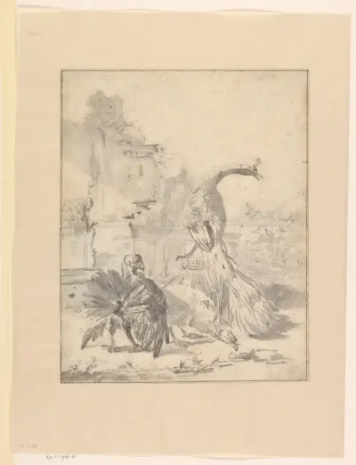 Hoenderhof met een pauw en twee kalkoenen