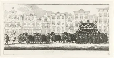 Hofdienaren begeleiden het lijk van Anna van Hannover in de lijkstoet te Delft, 1759