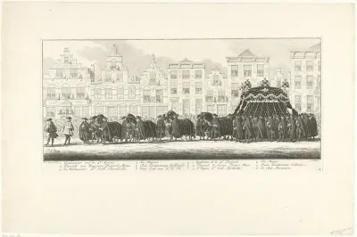 Hofdienaren begeleiden het lijk van Anna van Hannover in de lijkstoet te Delft, 1759