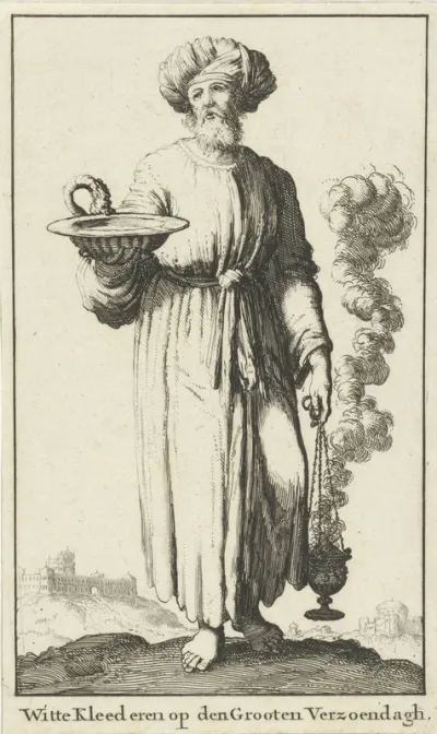 Hogepriester in witte liturgische kleding behorend bij de Grote Verzoendag (variant A)