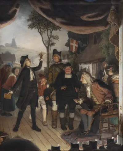Holberg overværer en prøveforestilling af Erasmus Montanus, IV akt, 2. scene: "Ergo er I en Hane"