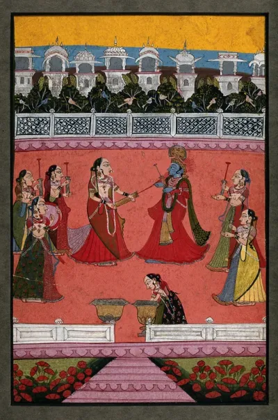 Holi, the festival of colour; Radha spraying colour at Krishna while the other gopis look on