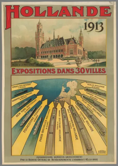 Hollande 1913. Expositions dans 30 villes. Informations données gratuitement par le Bureau Officiel de Renseignements.