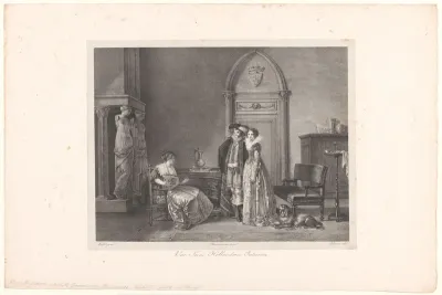 Hollands interieur met twee dames, een heer en een hond