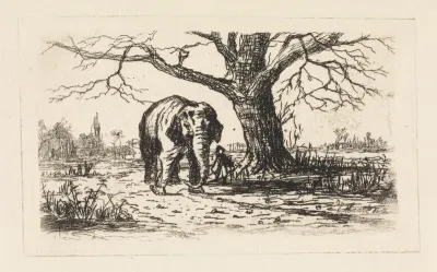 Hollands landschap met een olifant en begeleider
