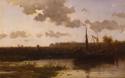 Hollands landschap met scheepje in een vaart