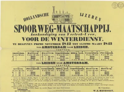 Hollandsche IJzeren Spoorweg-Maatschappij. Aankondiging van Vertrek-Uren, voor de winterdienst. Te beginnen primo november 1842 tot ultimo maart 1843 van Amsterdam naar Leiden