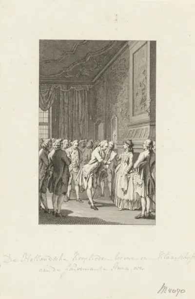 Hollandse kooplieden overhandigen prinses Anna een klaagschrift over de Engelse aanvallen, 1758