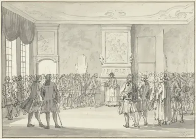 Hollandse kooplieden overhandigen prinses Anna een klaagschrift over de Engelse aanvallen, 1758