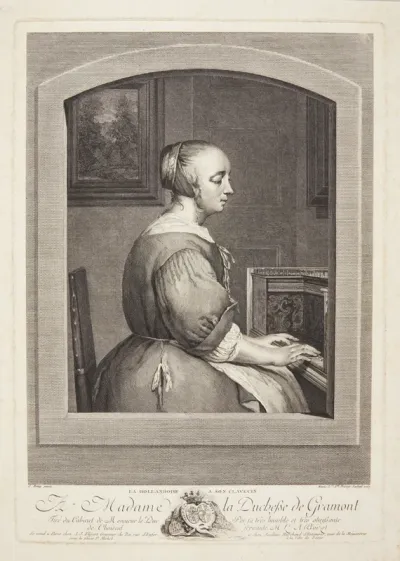 Hollandsk kvinde ved et cembalo, set gennem et vindue
