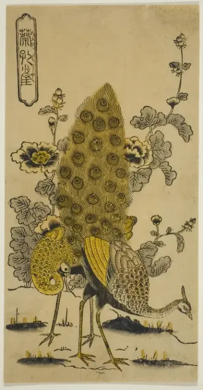 Hollyhocks and Peacocks (Aoi ni kujaku)