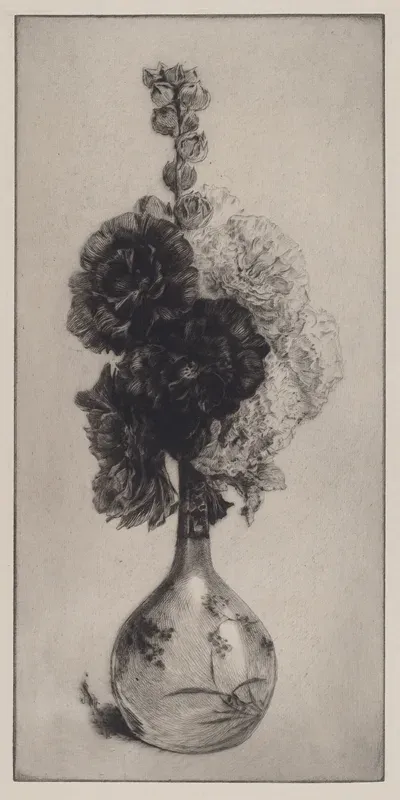 Hollyhocks in a Long-Necked Vase