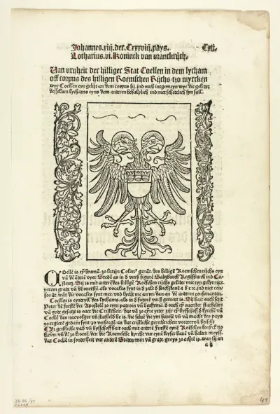 Holy Roman Empire Coat of Arms with Cologne Coat of Arms from Koelner Chronik (Cologne Chronicle), Plate 37 from Woodcuts from Books of the 15th Century
