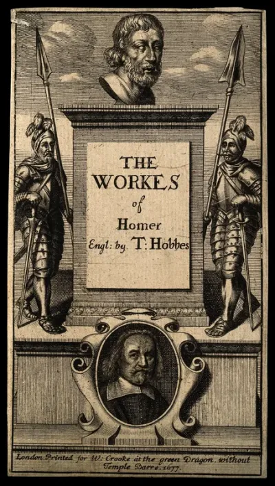 Homer; Thomas Hobbes; and warriors from Greece and Troy; representing Hobbes's translation of the works of Homer