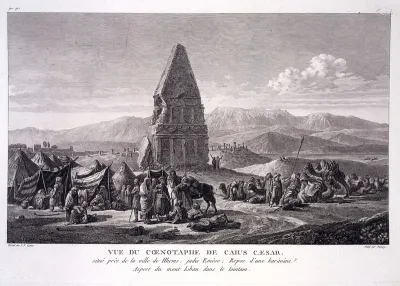Homs, Syria: a monument identified as the cenotaph of Gaius Caesar, with a caravan resting