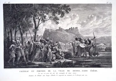 Homs, Syria: the citadel and part of the old city, with the artist Louis-François Cassas surrounded by Syrians