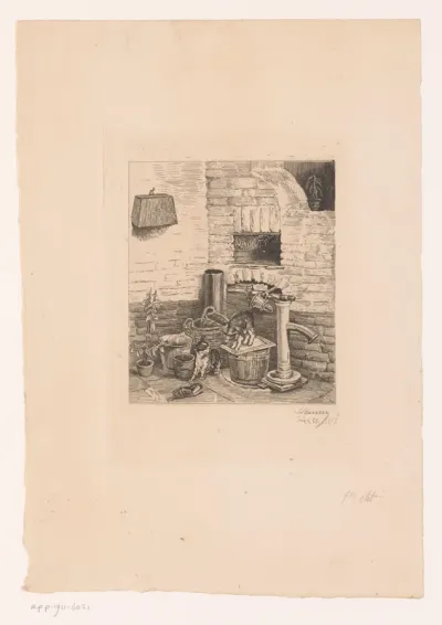 Hond en kat bij een waterpomp
