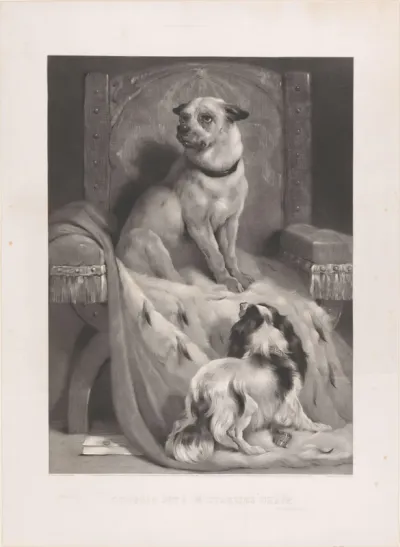 Hond op een hermelijnen mantel op een troon