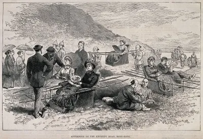 Hong Kong: westerners promenading and taking sedan chairs along Kennedy Road