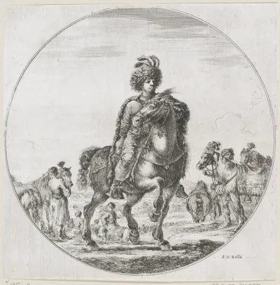 Hongaarse man met muts met pluimen te paard