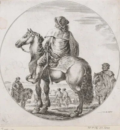 Hongaarse man te paard op de rug gezien