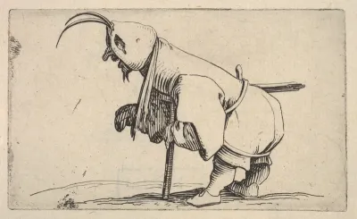 Hooded small figure hunched over a crutch, in profile view with left leg positioned forward and sword affixed to right hip, from "Varie Figure Gobbi"