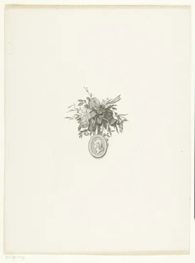 Hoofd van Catharina Wilhelmina Schweickhardt op medaillon aan lint en bloemen