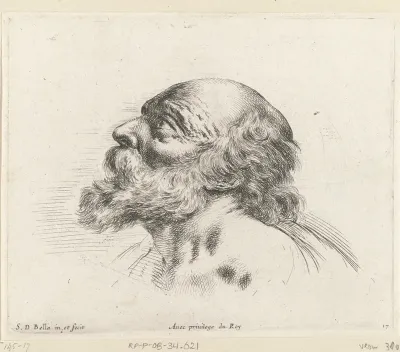 Hoofd van een kale oude man met baard, in profiel naar links (mogelijk H. Petrus)