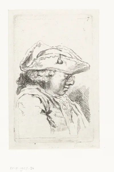 Hoofd van een man met bril en tricorne