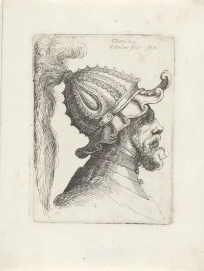 Hoofd van een man met gepluimde helm