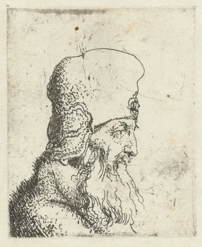 Hoofd van een oude man met baard en een hoge muts
