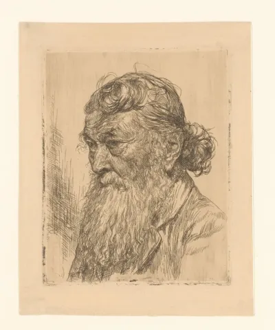 Hoofd van een oude man met baard en haar in een knot