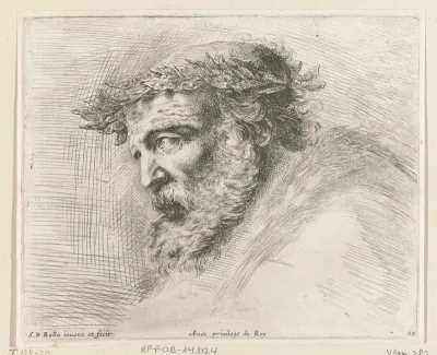 Hoofd van een oude man met baard en laurierkrans, in profiel naar links