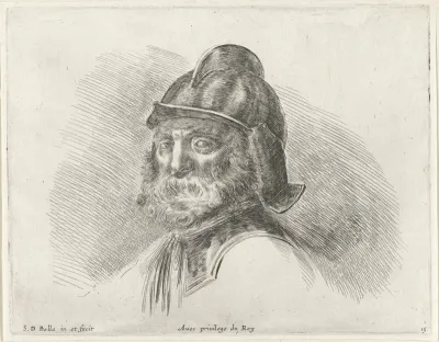 Hoofd van een oude soldaat met baard en halm