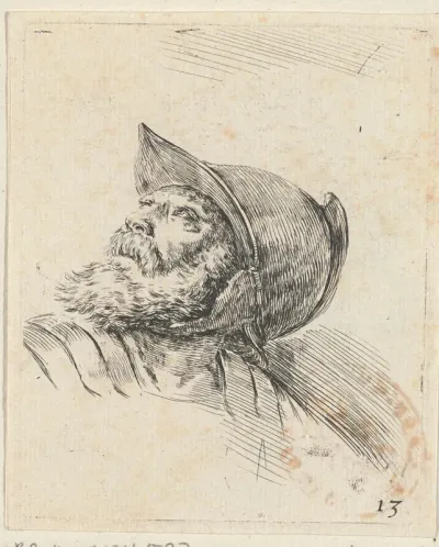 Hoofd van een oude soldaat met baard en helm, naar links omhoog kijkend