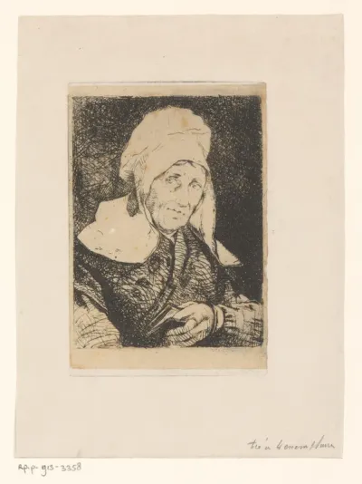 Hoofd van een oude vrouw met muts en een boek in haar hand