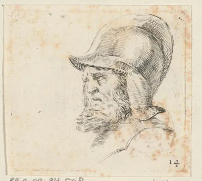 Hoofd van een soldaat met baard en helm, naar links gewend