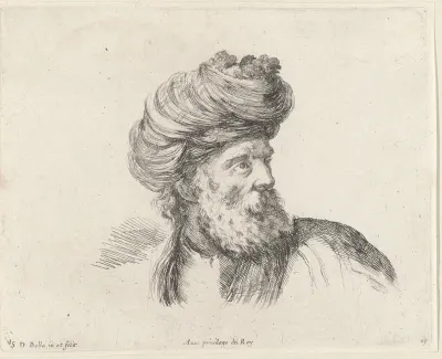 Hoofd van een Turkse man met baard en tulband, naar rechts gewend