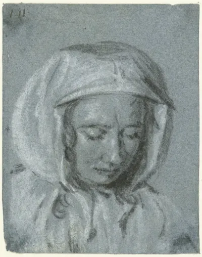 Hoofd van een vrouw met een hoofddoek, naar beneden kijkend