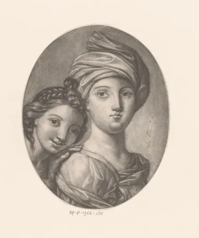 Hoofd van een vrouw met hoofddoek en een lachend meisje