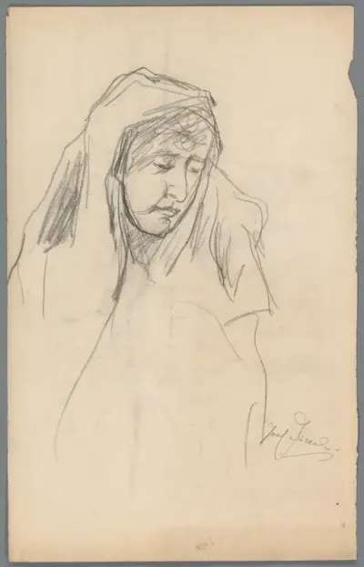 Hoofd van een vrouw met hoofddoek, mogelijk Michal
