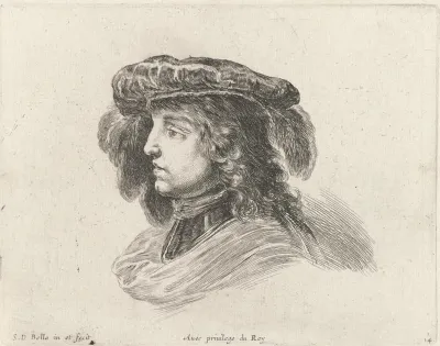 Hoofd van jongeman met baret met pluimen, in profiel naar links