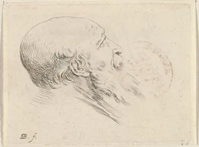 Hoofd van kale oude man met baard, in profiel naar rechts