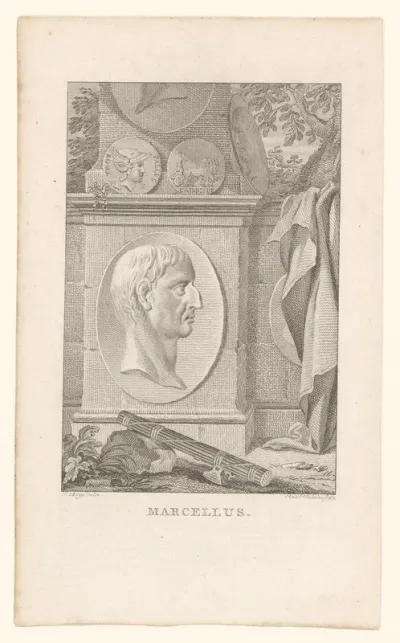 Hoofd van Marcus Claudius Marcellus in reliëf op stenen sokkel