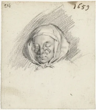 Hoofd van vrouw met een bril en een hoofddoek