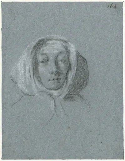 Hoofd van vrouw met hoofddoek, vooruit kijkend