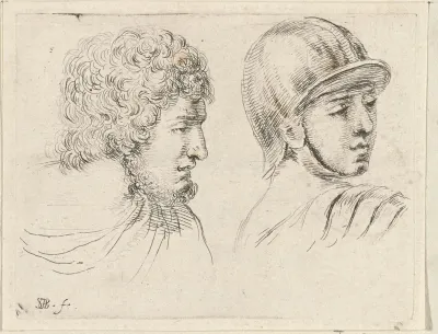 Hoofden van een man met baard en een soldaat met helm